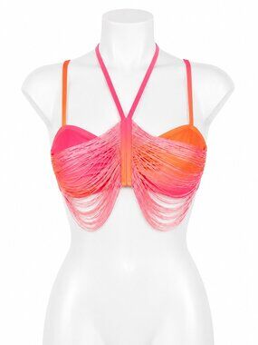Hot Girl Summer Megan Thee Stallion Fringe Halter Bikini Top XS NWT Pink Ombre